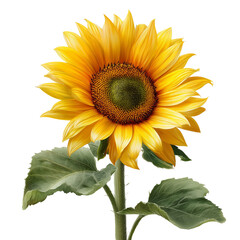 Obraz premium Vibrant yellow sunflower with green leaves and stem isolated on transparent background