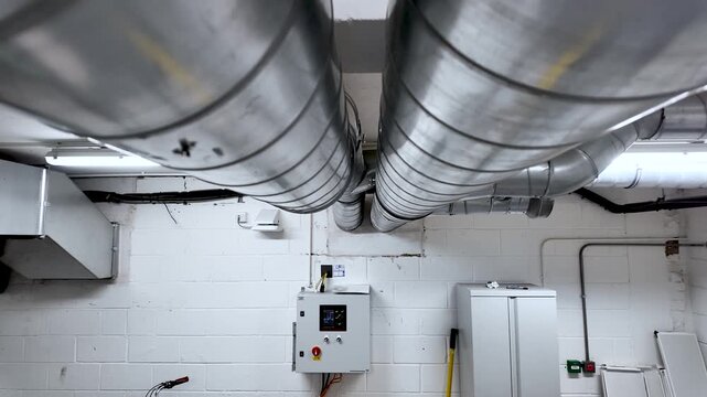 Industrial basement with metal ducts and a control panel, conveying a utilitarian, technical atmosphere.