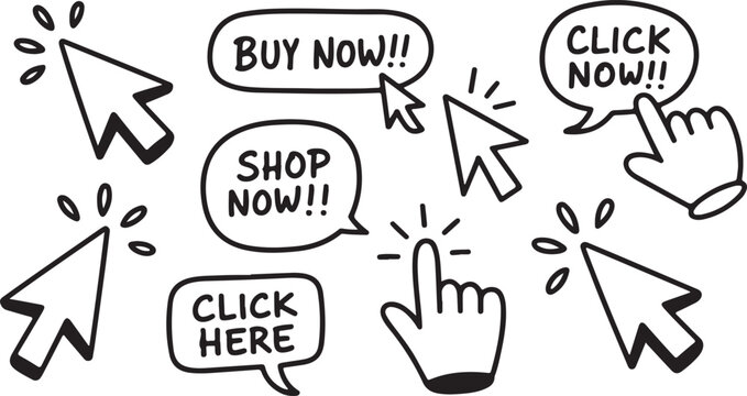 Various hand drawn mouse cursors and speech bubbles with call to action phrases for web elements