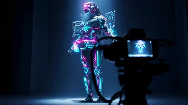 android model walking on illuminated runway, camera rig captures neon reflections and holographic displays, stylistic motion shot with studio lighting and cinematic framing