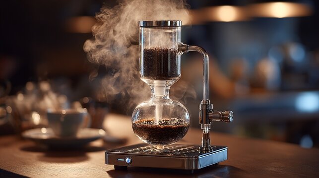 siphon. Glass siphon coffee maker with water rising through tube into upper chamber, steam, soft kitchen lighting. bar promotions, beverage menus, designed for product packaging and bar promotions.