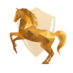 Obraz premium Golden geometric low poly horse rearing up in front of a shield isolated on transparent background