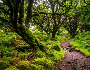 Obraz premium Woodland path winds through lush, moss-covered trees with vibrant green foliage