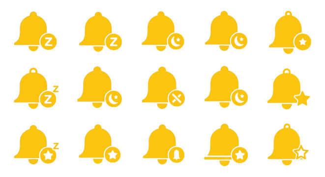 A collection of vibrant yellow bell icons with varying internal symbols including stars moons and zeds high quality
