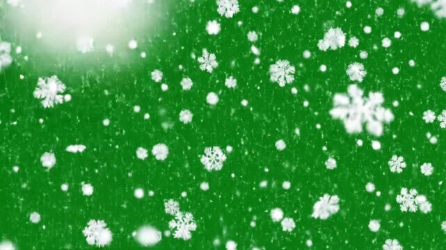 Animated snowflakes falling against a vibrant green background