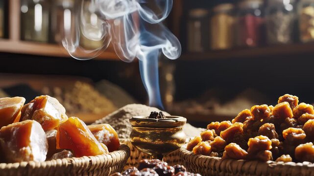 Incense Smoke Rising Amongst Spices and Traditional Middle Eastern Goods