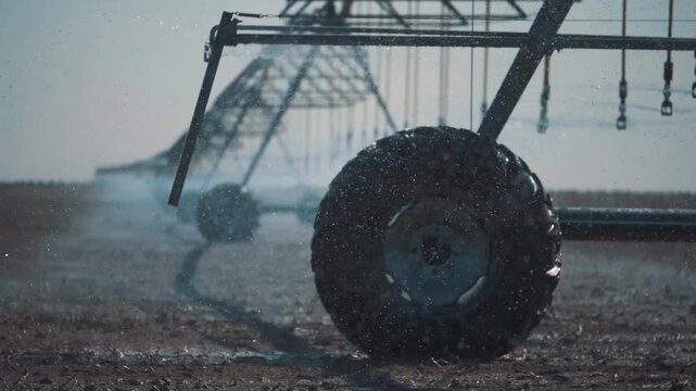 A close-up view of the wheel of a center pivot irrigation system during field watering. Water droplets scatter through the air.