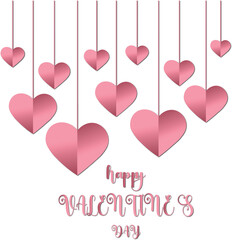 Pink paper hearts hanging with "Happy Valentine's Day" text, celebrating love and romance.