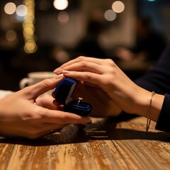 Couple getting engaged with diamond ring in a proposal box during romantic date
