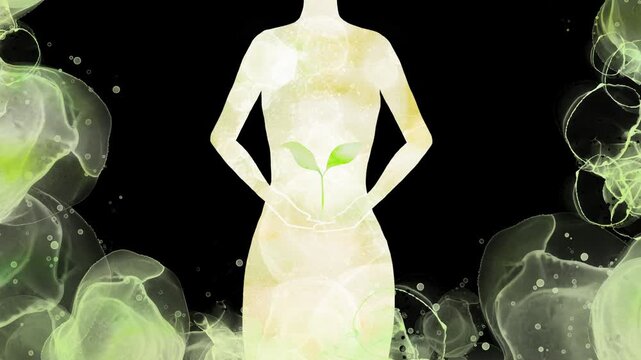 女性のシルエットのの中で双葉が芽を出す&alpha;付き水彩アニメーション。夢や可能性、才能を表現。
