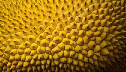 Close-up of a spiky, textured jackfruit skin in vibrant yellow.