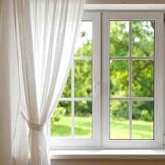Fototapeta premium a sunlit window framed by soft drapes and a sheer white curtain gently billowing in the light breeze
