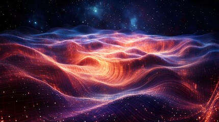 Abstract visualization of glowing digital data flowing across a vast undulating landscape under a dark starry night sky representing complex network structures.