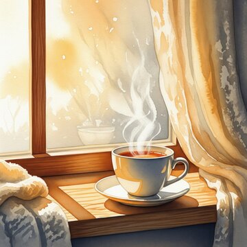 Cozy Window Scene with Steaming Cup and Soft Light Watercolor