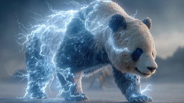 Animated panda on rocky surface amidst blue lightning bolts, in a cloudy sky backdrop - AI-Generated