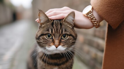 Candid moment of a traveler petting stray cat during a trip, casual outfit, natural expression, cinematic lighting, handheld camera angle, background shows cobblestone alleyway, lifestyle aesthetic