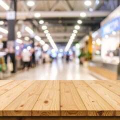Fototapeta premium a rustic wooden table in sharp focus, with softly blurred people and warm ambient lighting in the background
