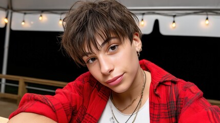 Candid moment of a traveler browsing a street food menu during a trip, casual outfit, natural expression, cinematic lighting, handheld camera angle, background shows night market with string lights,