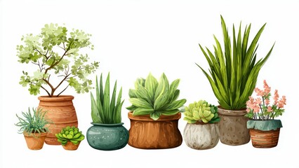 Obraz premium Collection of Various Potted Plants and Succulents on a White Background, Artistic Illustration