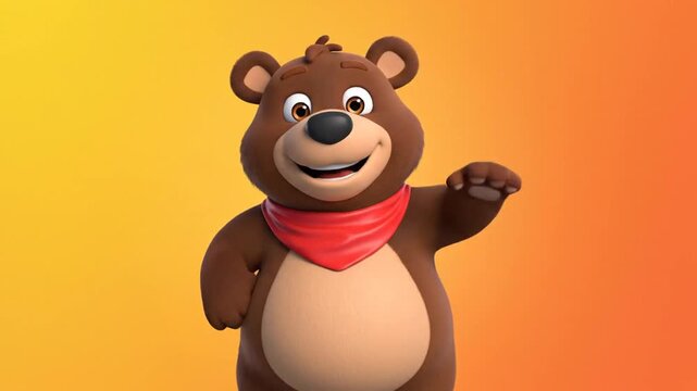 Cartoon bear waving on gradient background for cheerful visual content