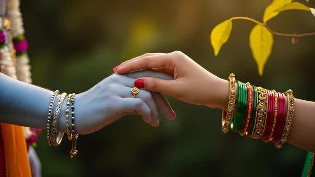 A Tender Moment of Radha and Krishna Holding Hands.