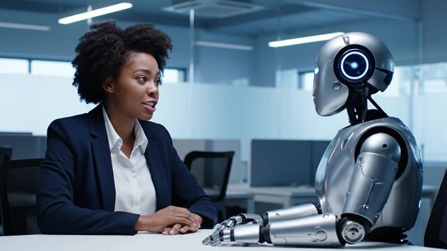 Woman conversing with robot in modern office setting future technology