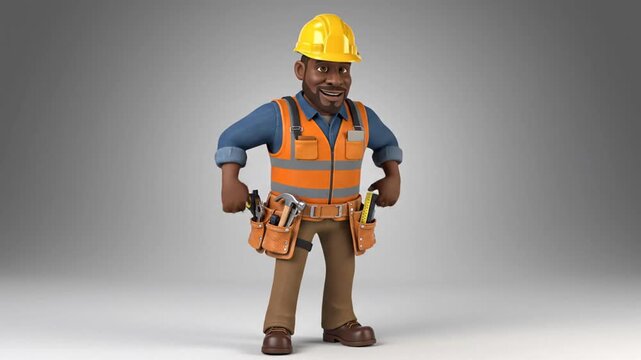 Cartoon construction worker character with safety gear and tools