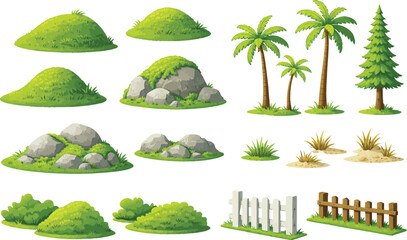Collection of Cartoon Nature Including Grass Hills Rocks Palm Trees and Fences