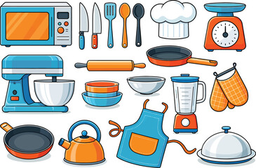 Collection of colorful cartoon kitchen appliances and utensils on a white background