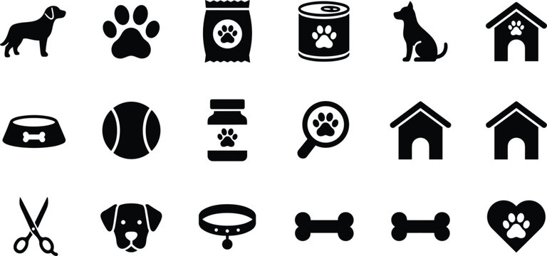 Pet care and dog icons set including food toys grooming accessories veterinary and animal shelter symbols services concepts