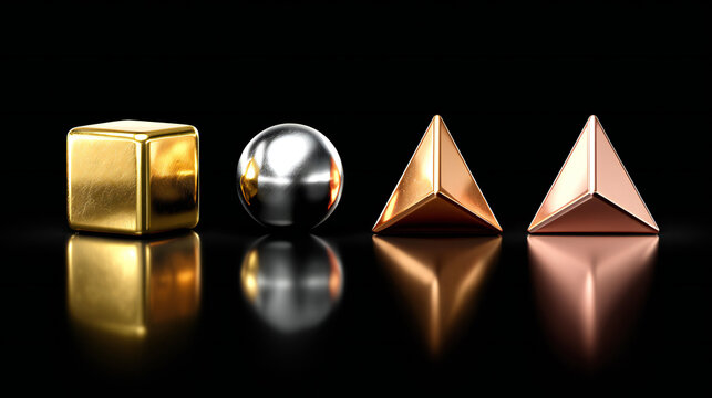 Shiny metallic geometric shapes including a cube, sphere, and pyramids on a reflective surface. A collection of polished geometric solids made of gold, silver, and copper materials.