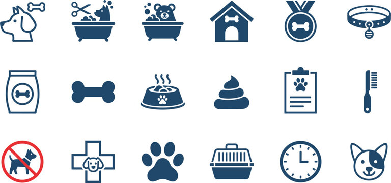 Pet care and veterinary icons set including dog grooming feeding medical supplies accessories and animal service concepts