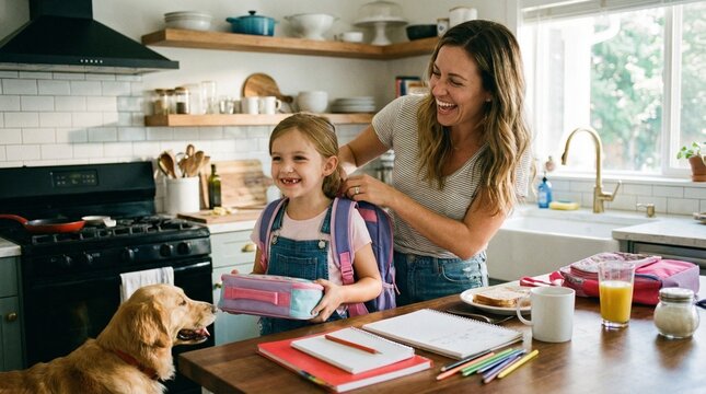 Mom's Morning Ritual: A mother helps her daughter with her backpack in a sunny kitchen, capturing the essence of family connection and the preparation for a new school day.
