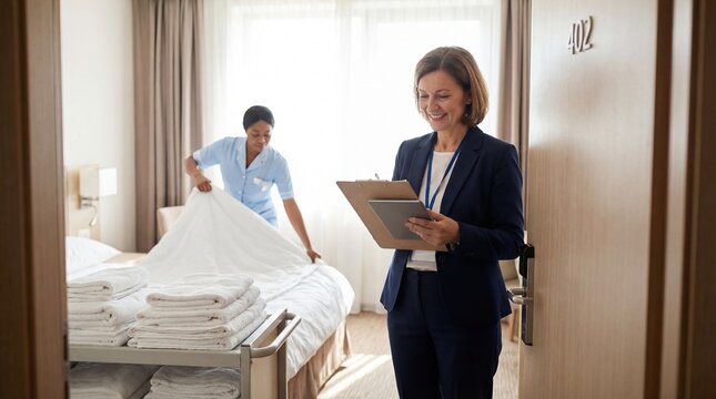Hotel Room Inspection: A diligent hotel manager conducts a thorough inspection, overseeing housekeeping staff and ensuring meticulous cleanliness in a well-appointed room.
