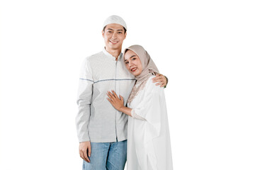 Happy Muslim Couple Standing Together on White Background