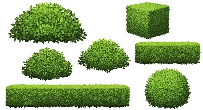 Variety of neatly trimmed green bushes and shrubs in different geometric shapes