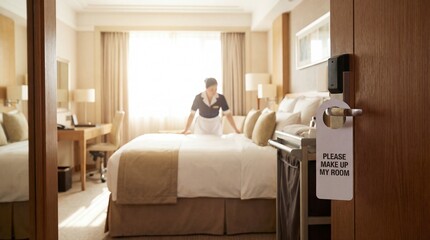 Room Service in the Suite: Capturing an image of hotel service and showcasing meticulous attention to detail. A chambermaid, diligently making the bed in a luxurious suite.