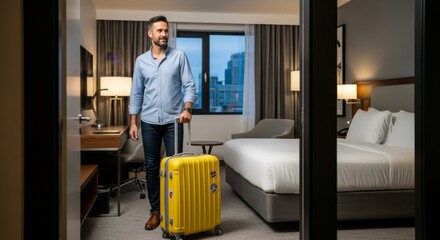 Hotel Room Traveler: A man with a suitcase enters a sophisticated hotel room. The scene is lit by the soft glow of interior lighting and natural light from a window overlooking a cityscape.