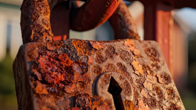 Closeup of Old Rusty Padlock Affixed to Red Metal Gate in Sunlight