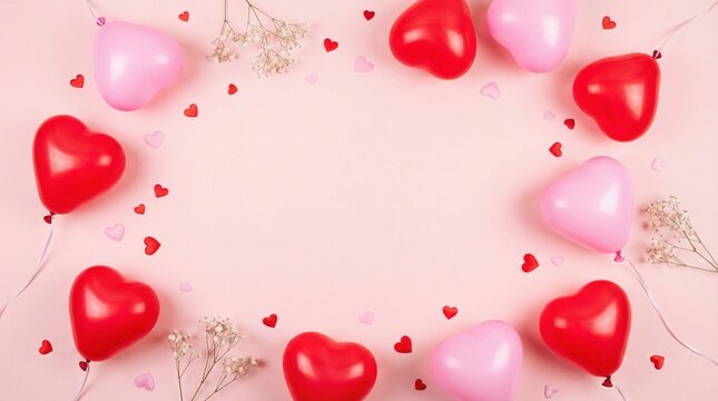 Valentine's day background with red and pink hearts like balloons on pink background, flat lay copy spase