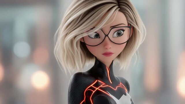 Beautiful female secret agent character, wearing glowing neon glasses and a futuristic black tactical suit.