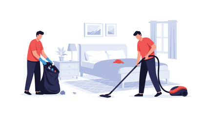 Professional cleaning crew working together to sanitize and organize a bedroom by vacuuming the carpet and collecting trash for disposal.