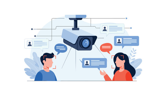 Advanced facial recognition surveillance system monitoring citizens in public spaces through high definition security cameras and data analysis.