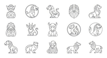 Fototapeta premium Mythical Creatures Zodiac Signs Line Icons Set Vector