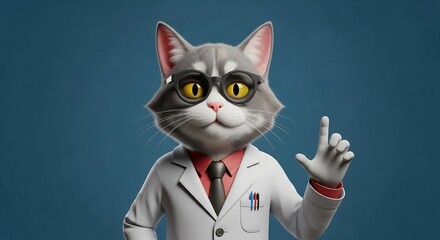 3D Cat Scientist Wearing Lab Coat Pointing Up