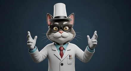 3D Cat Scientist Wearing Lab Coat Pointing Up