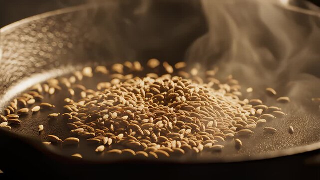 Cumin Seeds Toasting in a Hot Cast Iron Skillet on Stove Top