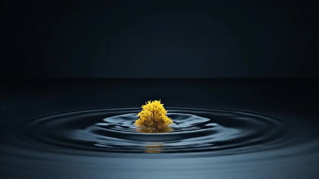A solitary yellow pollen grain creating ripples on a dark water surface, symbolizing genesis and fragility
