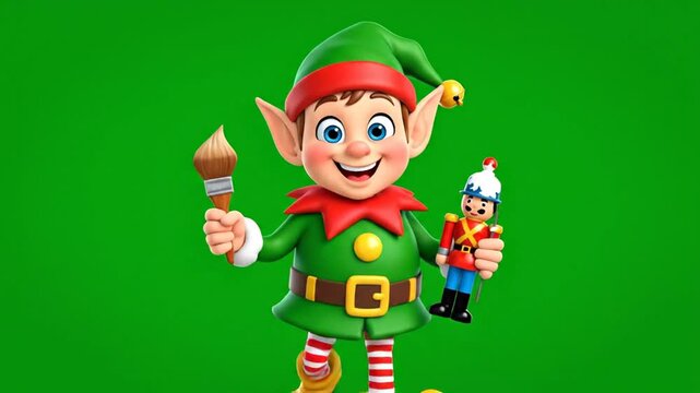 Cartoon elf holding toy soldier against green background