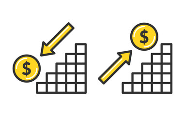 価格の上昇と下落を表す通貨と矢印のアイコンイラスト。Price Increase and Decrease Concept with Currency and Arrow Icons.